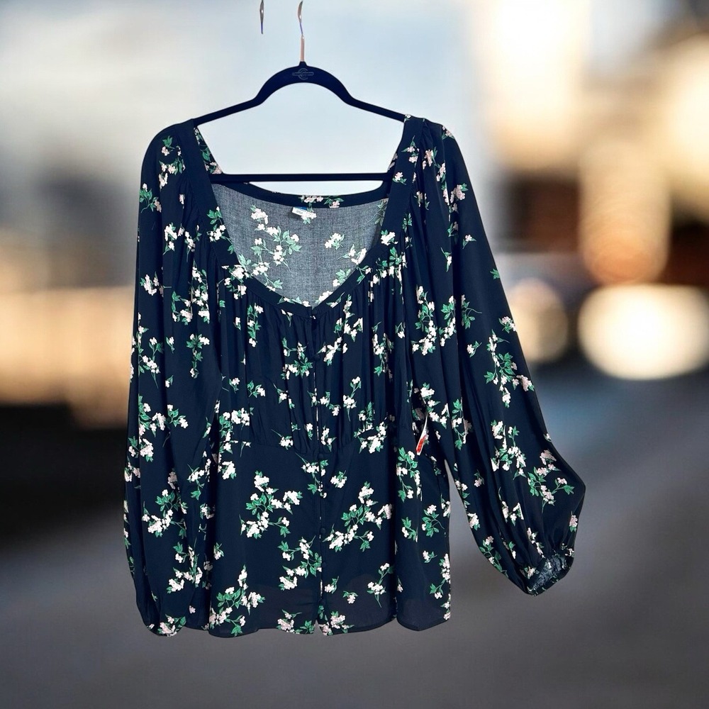 Old Navy Women's Floral Print Square Neck Blouse Top Shirt Rayon 3X Button Front